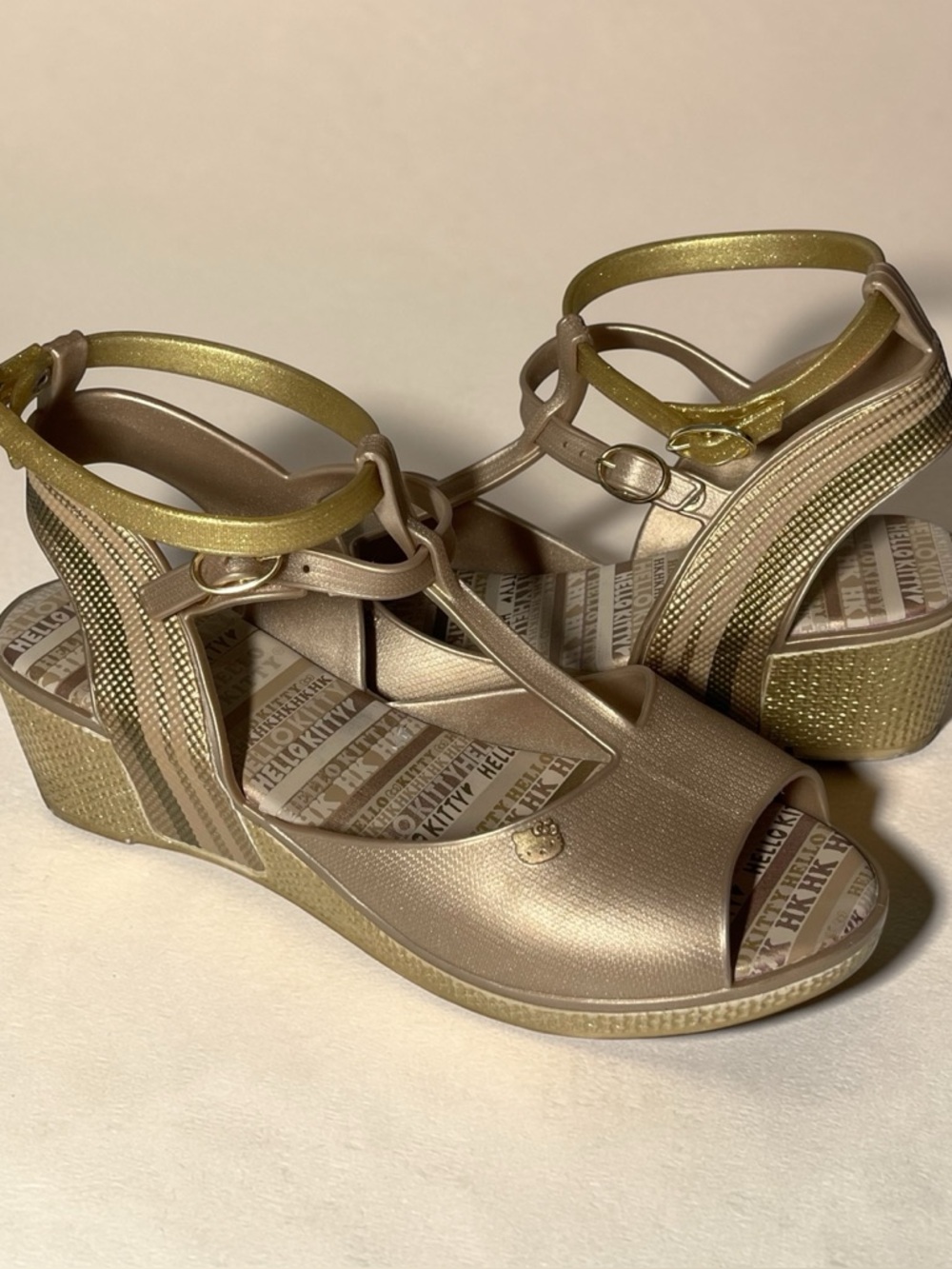 Hello Kitty Metallic Gold Wedge Sandals with Ankle Strap size 5
